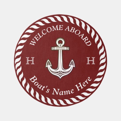 Nautical Boat Name Anchor Rope Maroon Red White  Outdoor Rug