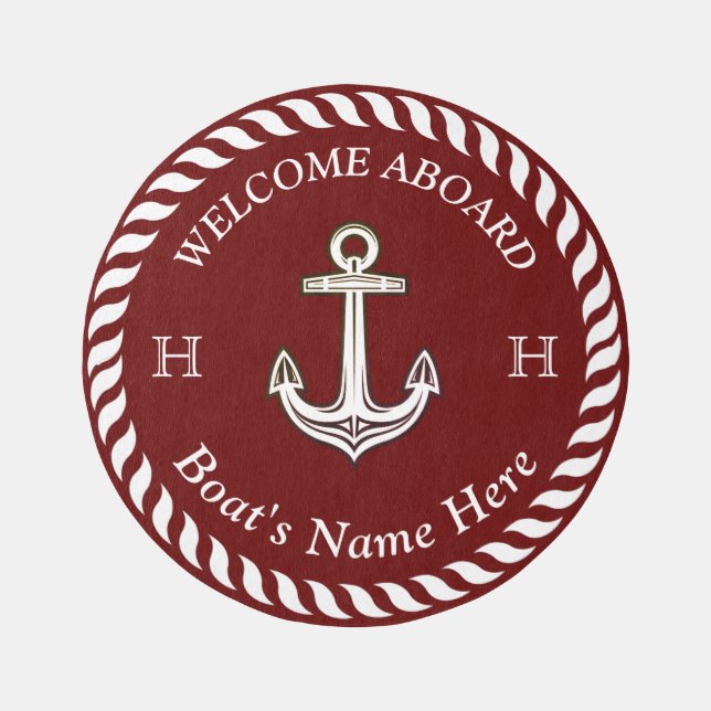 Nautical Boat Name Anchor Rope Maroon Red White  Outdoor Rug (Front)