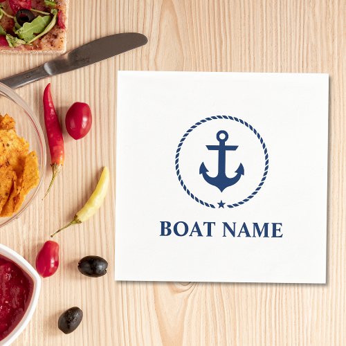 Nautical Boat Name Anchor Rope Navy Blue and White Paper Napkins