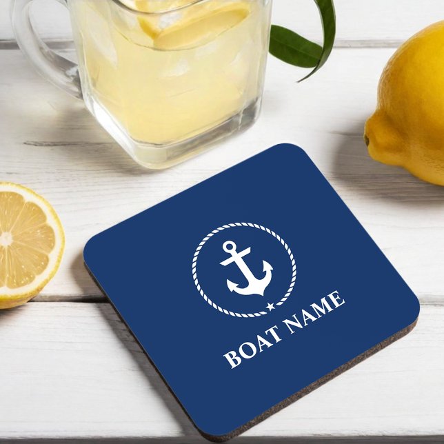Nautical Boat Name Anchor Rope Navy Blue Beverage Coaster (Customize to change text size, style or background color.)