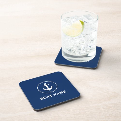 Nautical Boat Name Anchor Rope Navy Blue Beverage Coaster