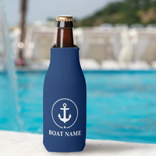 Nautical Boat Name Anchor Rope Navy Blue Bottle Cooler