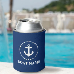 Nautical Boat Name Anchor Rope Navy Blue Can Cooler