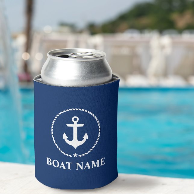 Nautical Boat Name Anchor Rope Navy Blue Can Cooler (Customize to change text size or text style.)
