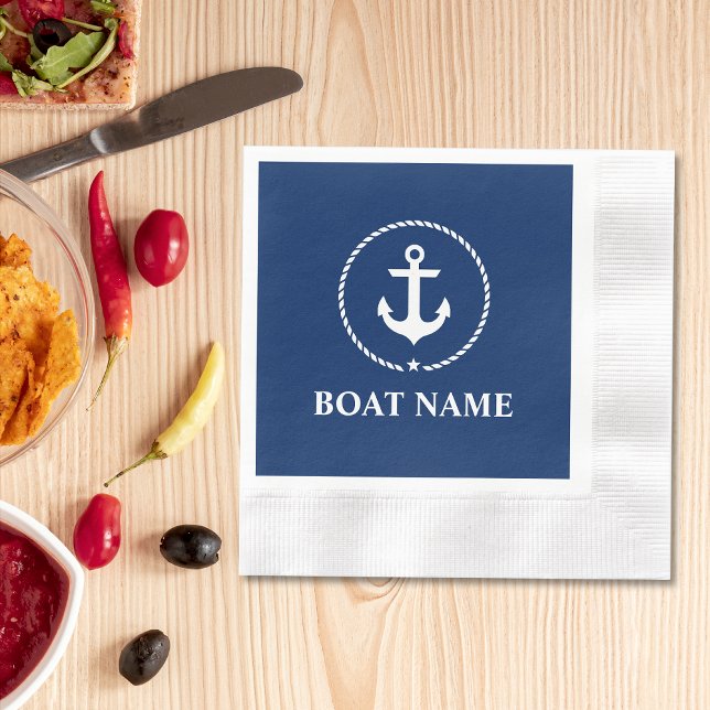 Nautical Boat Name Anchor Rope Navy Blue Cocktail Napkins (Customize to change background color, text size or text style. )