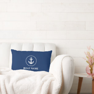 Nautical Boat Name Anchor Rope Navy Blue Lumbar Pillow
