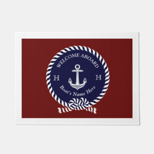 Nautical Boat Name Anchor Rope Navy Blue Maroon Doormat