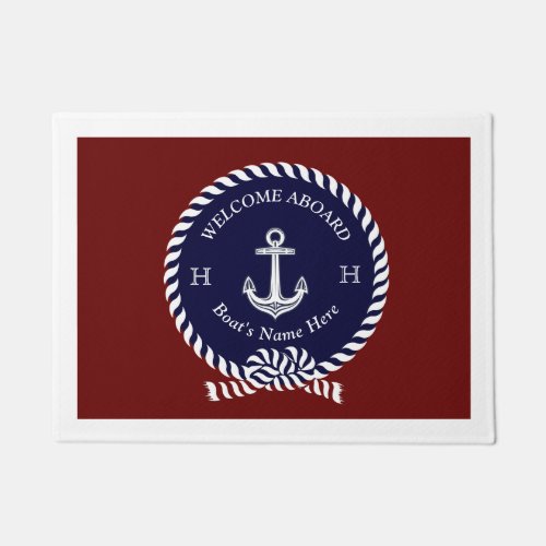 Nautical Boat Name Anchor Rope Navy Blue Maroon  Doormat