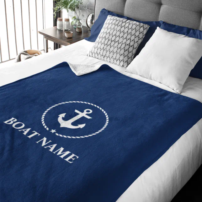 Nautical Boat Name Anchor Rope Navy Blue Medium Fleece Blanket | Zazzle