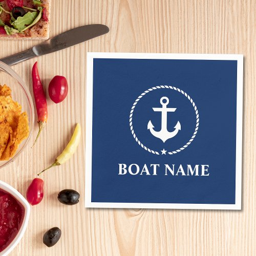 Nautical Boat Name Anchor Rope Navy Blue Paper Napkins
