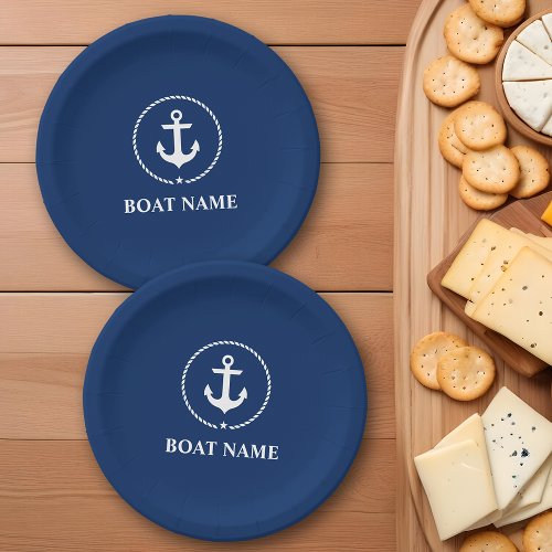 Nautical Boat Name Anchor Rope Navy Blue Paper Plates