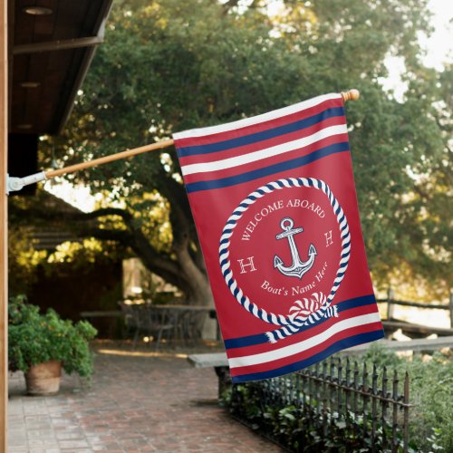 Nautical Boat Name Anchor Rope Navy Blue Red White House Flag