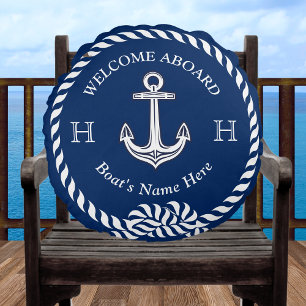 Nautical Boat Name Anchor Rope Navy Blue Round Pillow