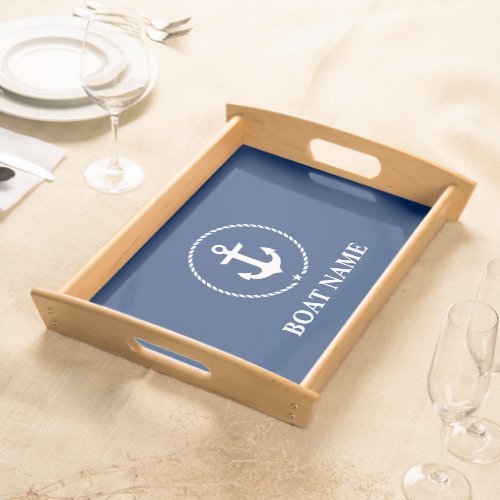 Nautical Boat Name Anchor Rope Navy Blue Serving Tray