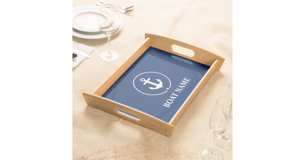 Nautical Boat Name Anchor Rope Navy Blue Serving Tray | Zazzle.com