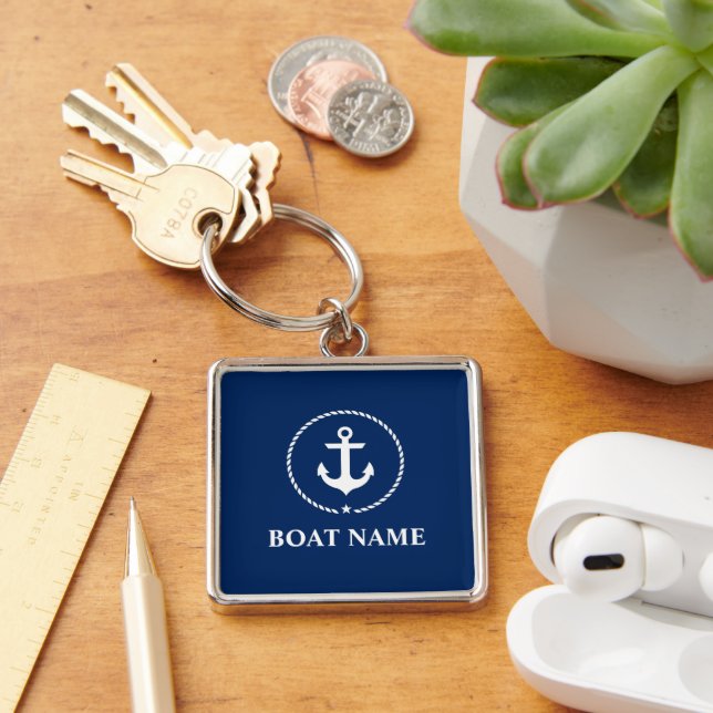 Nautical Boat Name Anchor Rope Navy Blue Square Keychain (Desk)