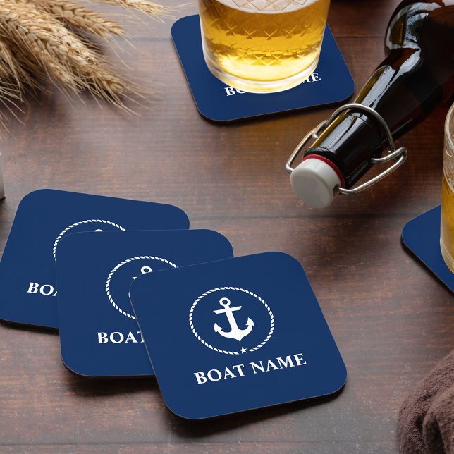 Nautical Boat Name Anchor Rope Navy Blue Square Paper Coaster (Customize to change text size, style or background color.)
