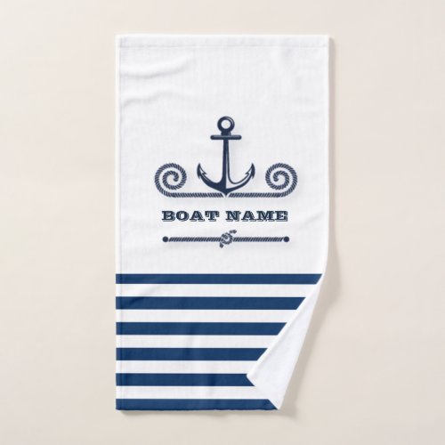 Nautical Boat NameAnchorRope Navy Blue Stripes Bath Towel Set