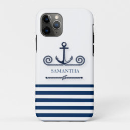 Nautical Boat Name,Anchor,Rope, Navy Blue Stripes iPhone 11 Pro Case