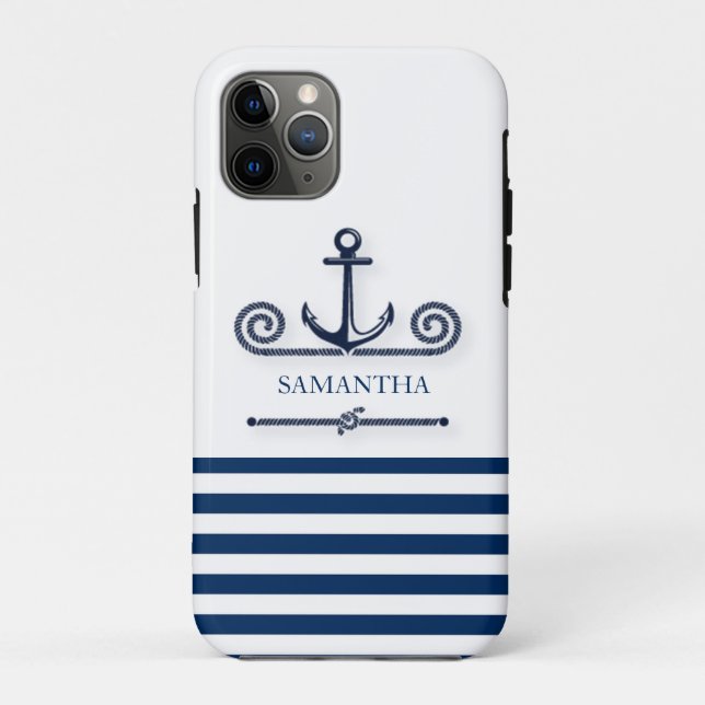 Nautical Boat Name,Anchor,Rope, Navy Blue Stripes Case-Mate iPhone Case (Back)