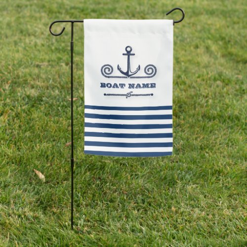 Nautical Boat NameAnchorRope Navy Blue Stripes Garden Flag