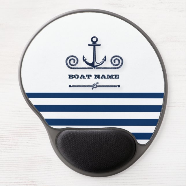 Nautical Boat Name,Anchor,Rope, Navy Blue Stripes  Gel Mouse Pad (Front)
