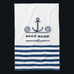 Nautical Boat Name,Anchor,Rope, Navy Blue Stripes  Kitchen Towel<br><div class="desc">This image features a boat name,  and anchor on a navy blue and white striped background.</div>