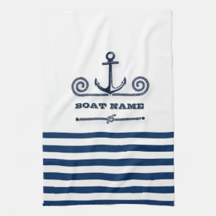Nautical Boat Name,Anchor,Rope, Navy Blue Stripes Kitchen Towel