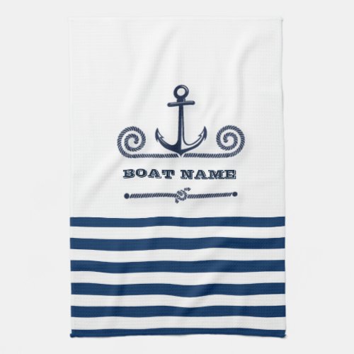 Nautical Boat NameAnchorRope Navy Blue Stripes  Kitchen Towel