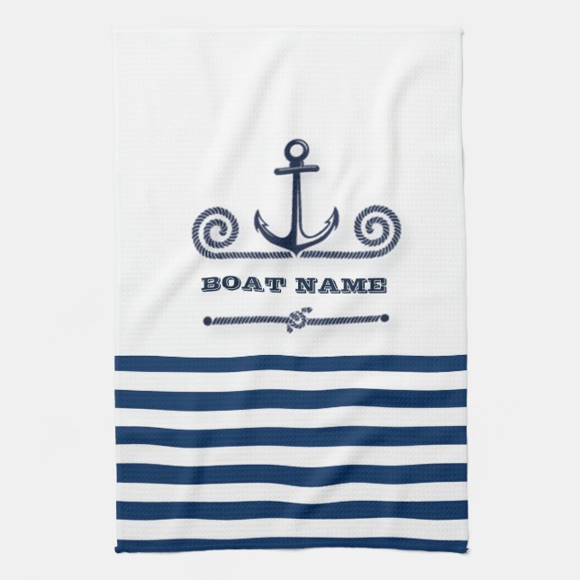 Nautical Boat Name,Anchor,Rope, Navy Blue Stripes  Kitchen Towel (Vertical)