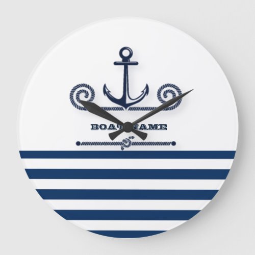 Nautical Boat NameAnchorRope Navy Blue Stripes  Large Clock