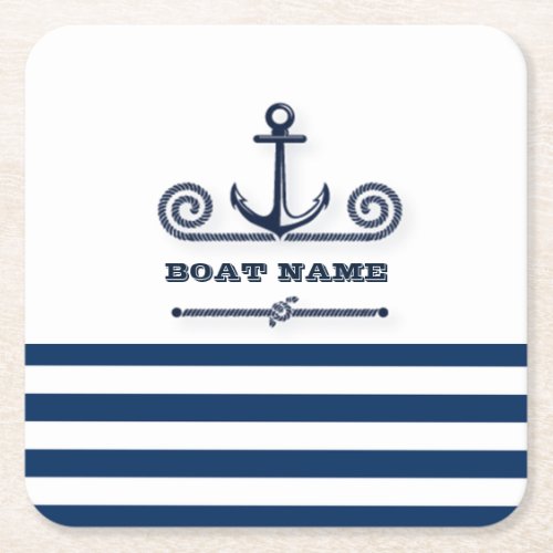Nautical Boat NameAnchorRope Navy Blue Stripes  Square Paper Coaster
