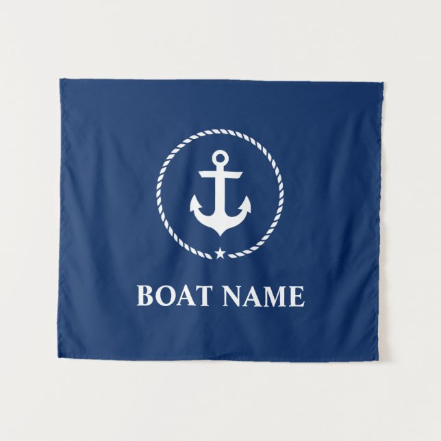 Nautical Boat Name Anchor Rope Navy Blue Tapestry (Front (Horizontal))