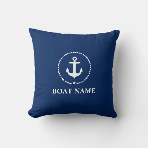 Nautical Boat Name Anchor Rope Navy Blue Throw Pillow Zazzle