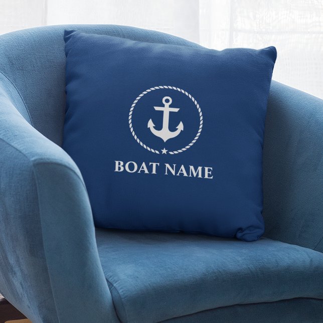 Nautical Boat Name Anchor Rope Navy Blue Throw Pillow (Customize to change text size or text style.)