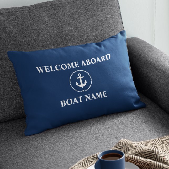 Nautical Boat Name Anchor Rope Navy Blue Welcome Accent Pillow (Customize to change text size or text style.)