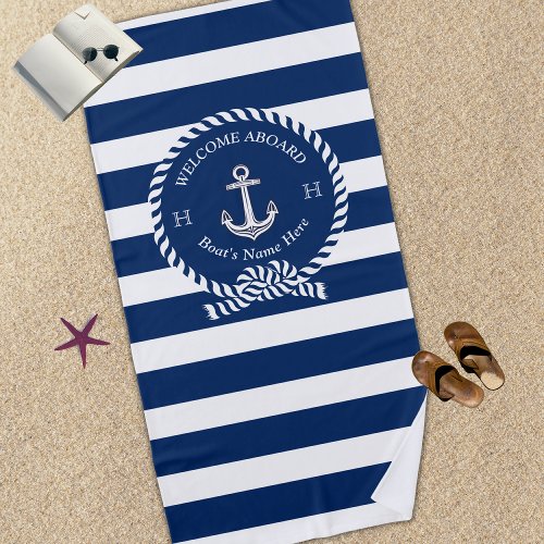 Nautical Boat Name Anchor Rope Navy Blue Welcome  Beach Towel