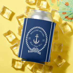 Nautical Boat Name Anchor Rope Navy Blue Welcome  Can Cooler