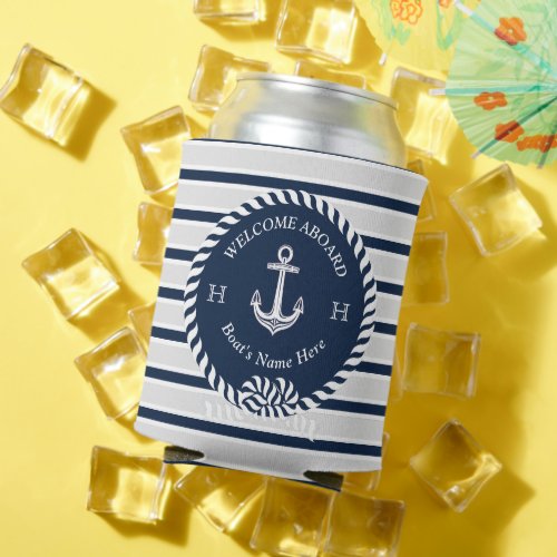 Nautical Boat Name Anchor Rope Navy Blue Welcome  Can Cooler