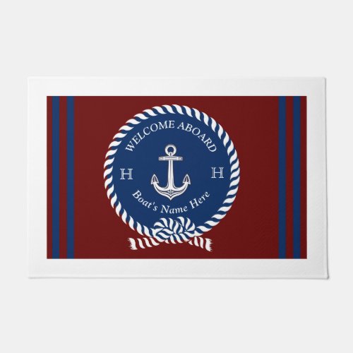 Nautical Boat Name Anchor Rope Navy Blue Welcome   Doormat