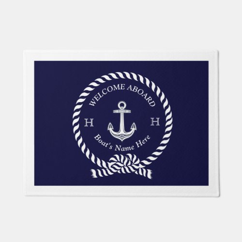 Nautical Boat Name Anchor Rope Navy Blue Welcome   Doormat
