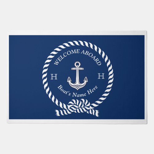 Nautical Boat Name Anchor Rope Navy Blue Welcome  Doormat