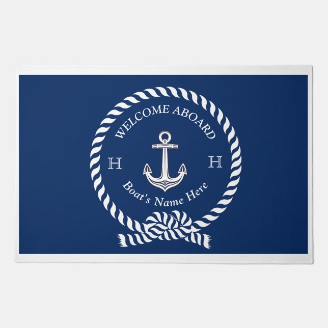 Nautical Boat Name Anchor Rope Navy Blue Welcome  Doormat (Front)