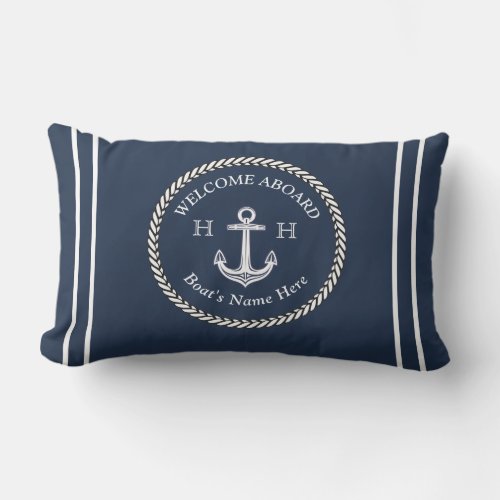Nautical Boat Name Anchor Rope Navy Blue Welcome L Lumbar Pillow