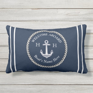 Nautical Boat Name Anchor Rope Navy Blue Welcome L Lumbar Pillow