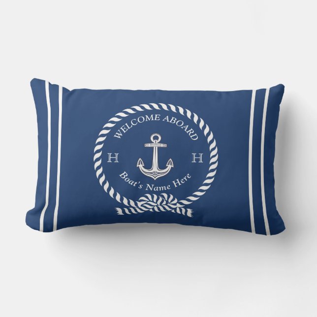 Nautical Boat Name Anchor Rope Navy Blue Welcome Lumbar Pillow (Front)