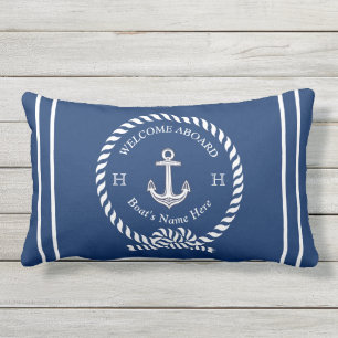 Nautical Boat Name Anchor Rope Navy Blue Welcome Lumbar Pillow