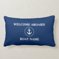 Nautical Boat Name Anchor Rope Navy Blue Welcome Lumbar Pillow