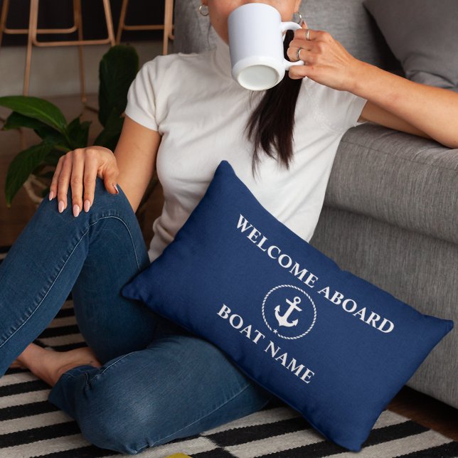 Nautical Boat Name Anchor Rope Navy Blue Welcome Lumbar Pillow (Customize to change text size or text style.)