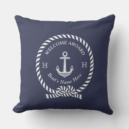 Nautical Boat Name Anchor Rope Navy Blue Welcome   Outdoor Pillow